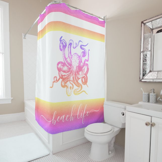 Rainbow ombre octopus modern beach life script shower curtain (In Situ)