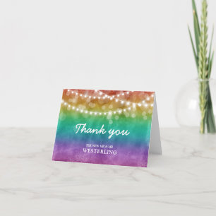 Rainbow Ombre String Lights Gay Wedding  Thank You Card