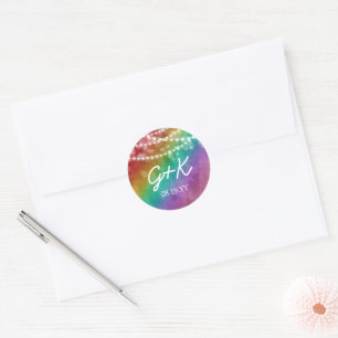Rainbow Ombre String Lights Monogram Gay Wedding Classic Round Sticker