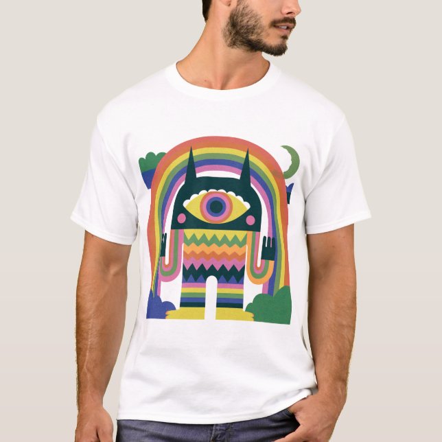Rainbow One Eye Monster Folk Art T-Shirt (Front)