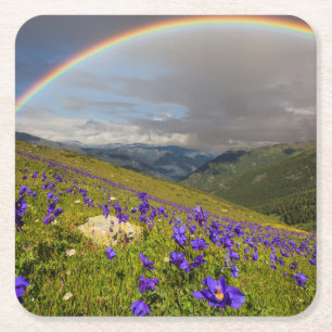 Rainbow Over A Flowering Meadow Square Paper Coaster