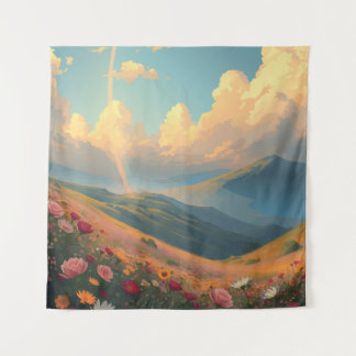 Rainbow Over Flower Field Tapestry