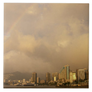 Rainbow over Honolulu, Hawaii, USA 3 Tile