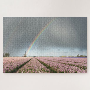 Rainbow over hyacinths and a windmill in Holland Jigsaw Puzzle