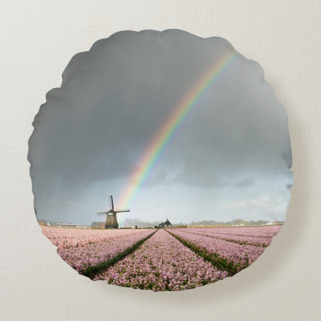 Rainbow over hyacinths and a windmill in Holland Round Cushion (Front)