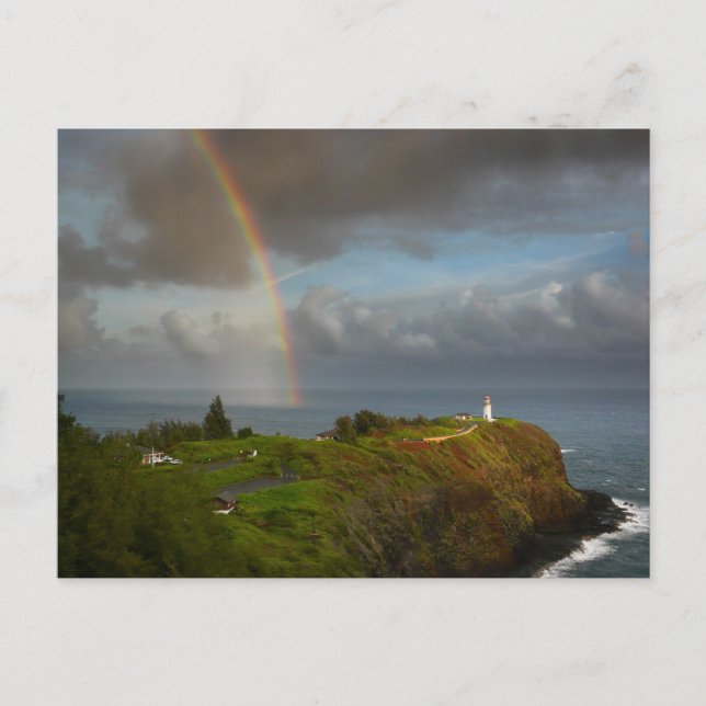 Rainbow over lighthouse on Kauai postcard (Front)