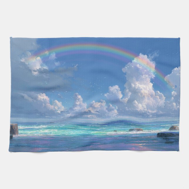 Rainbow over the ocean tea towel (Horizontal)