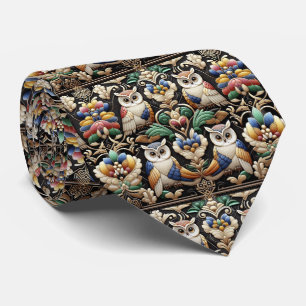 Rainbow Owl Art Deco Necktie – Black, White & Gold
