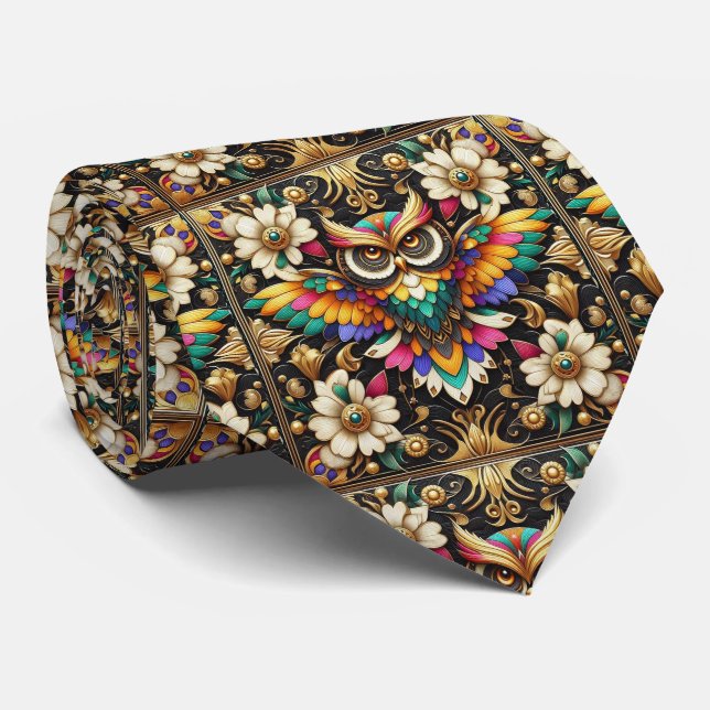 Rainbow Owl Art Deco Necktie – Black, White & Gold (Rolled)