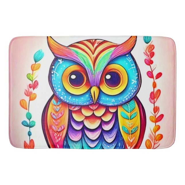 Rainbow Owl Perch Art Bath Mat (Front)