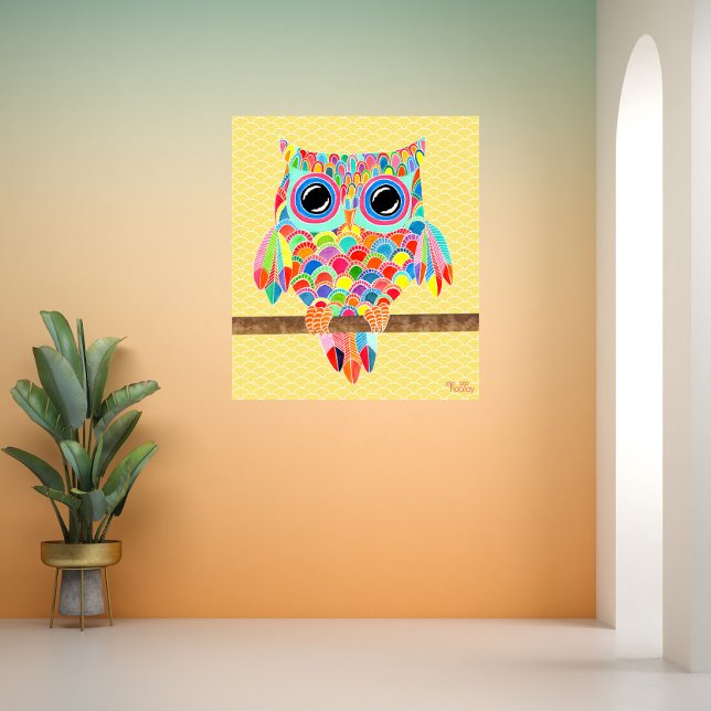 Rainbow Owl Wall Art Girls Room Poster (Pip Pip Hooray Rainbow Owl Art Illustration on Poster Print, shown as example on a room wall)