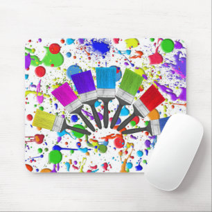Rainbow Paint Brushes On Splatters Mouse Pad