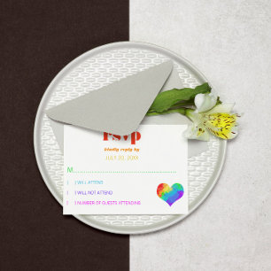 Rainbow Paint Heart Gay Lesbian Wedding RSVP Card