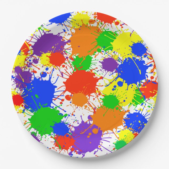 Rainbow Paint Splash Birthday Party Paper Plates (Front)
