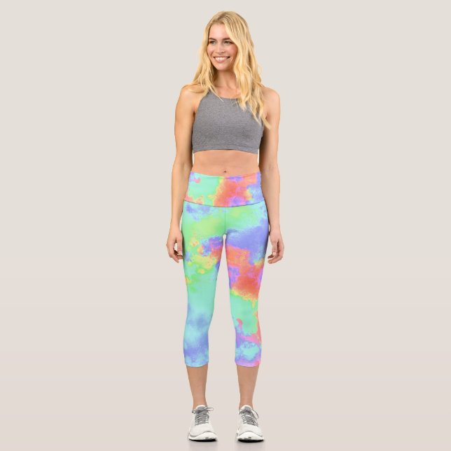 Rainbow Paint Splatter effect Capri Leggings (Front)