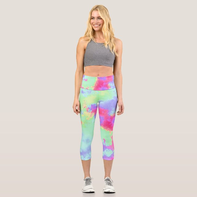 Rainbow Paint Splatter effect Capri Leggings (Front)
