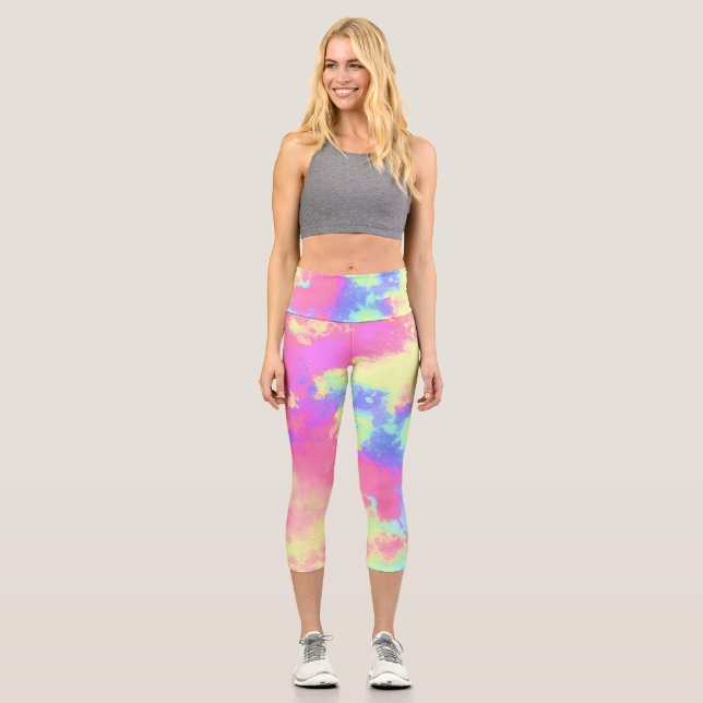 Rainbow Paint Splatter effect Capri Leggings (Front)