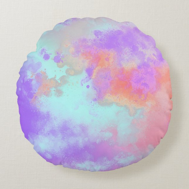 Rainbow Paint Splatter effect Lilac Pink Orange Round Cushion (Front)