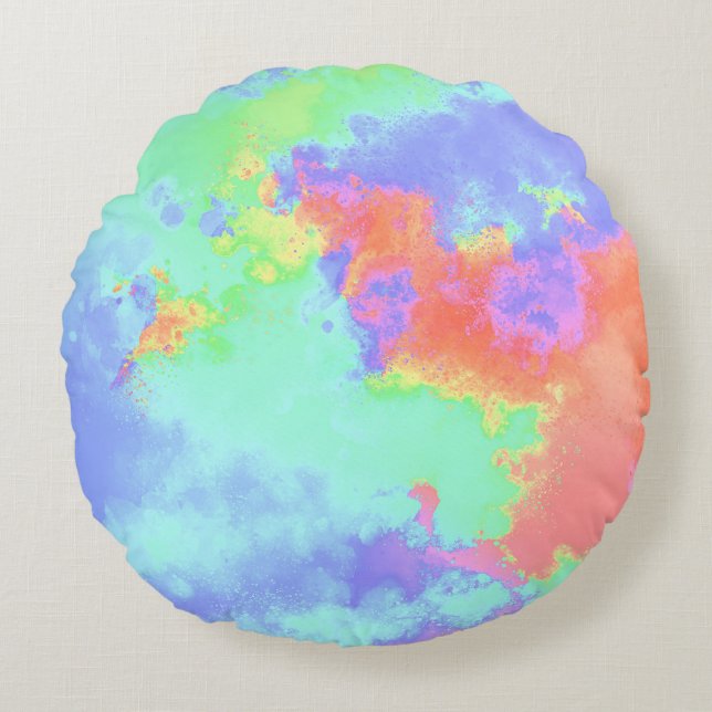 Rainbow Paint Splatter effect pink green orange  Round Cushion (Front)