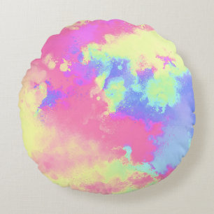 Rainbow Paint Splatter effect Yellow Pink Blue Round Cushion
