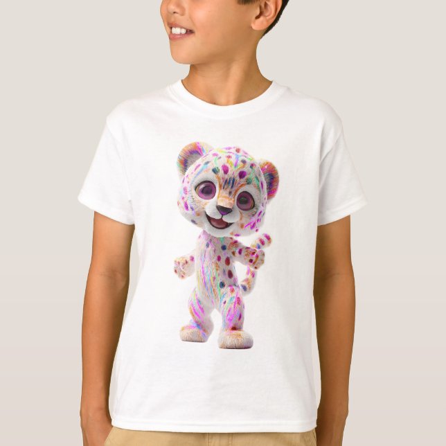 Rainbow Paint Splatter Leopard Cub Kids T-Shirt (Front)