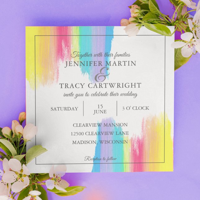 Rainbow Paint Strokes Gay Lesbian Bright Wedding Invitation (Creator Uploaded)