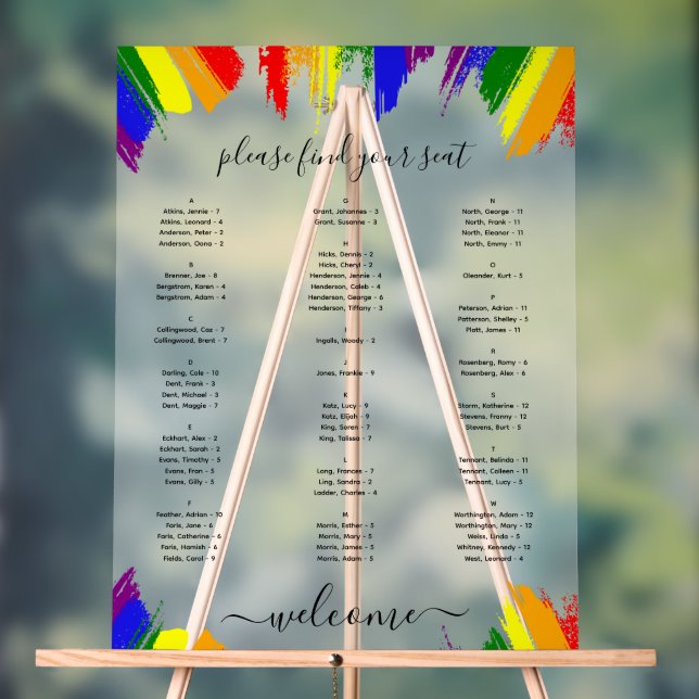 Rainbow Paint Strokes LGBT Wedding Seating Chart (Neutral)