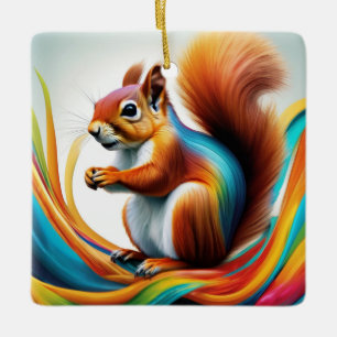 Rainbow Painted Squirrel Ceramic Ornament