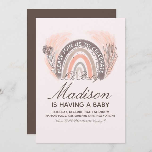 Rainbow Pampas Doodle Bohemian Baby Shower Invitation (Front/Back)