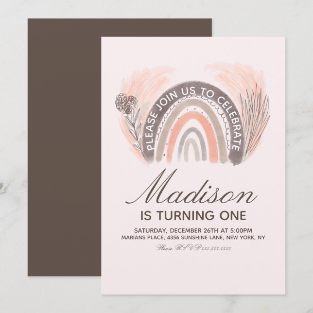 Rainbow Pampas Doodle Bohemian Birthday Rustic Invitation (Front/Back)