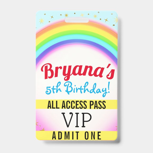 Rainbow Party Sparkle VIP Pass Birthday Party ID Badge (Front)