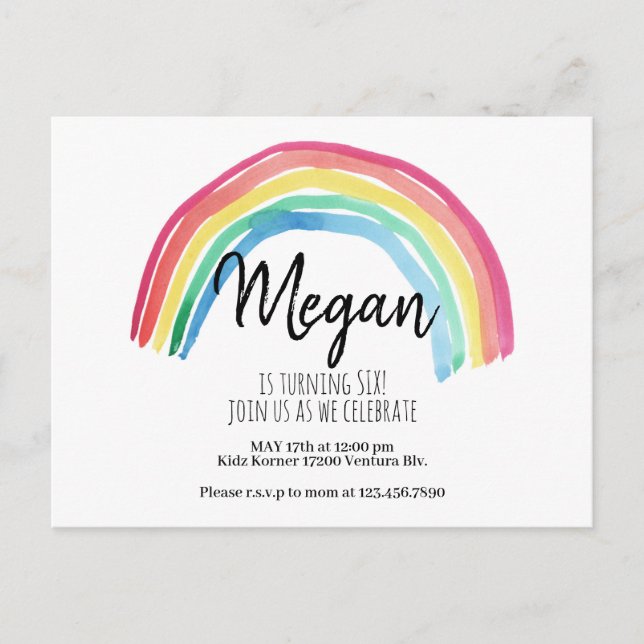 RAINBOW PARTY,WATERCOLOR RAINBOW BIRTHDAY, SIMPLE POSTCARD (Front)