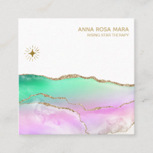 *~ Rainbow Pastel Agate Gold Glitter Vein Sun Star Square Business Card