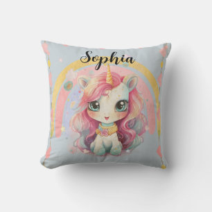 Rainbow Pastel Blue Kawaii Unicorn With Name Cushion