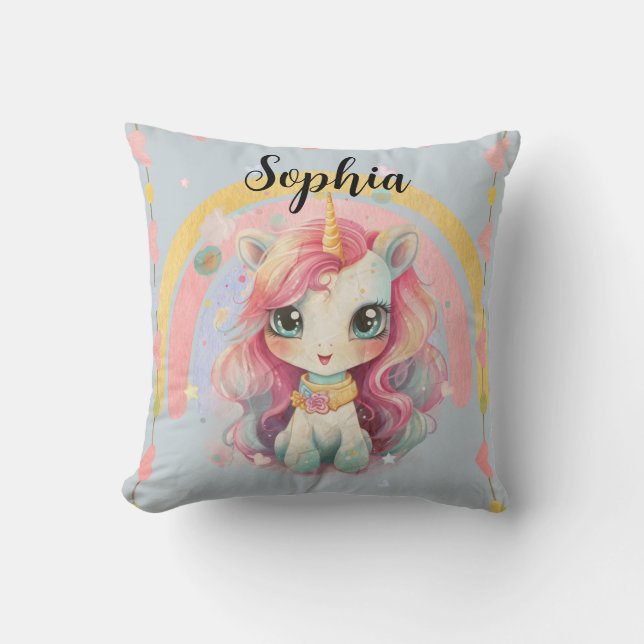 Rainbow Pastel Blue Kawaii Unicorn With Name Cushion (Front)