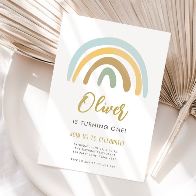 Rainbow Pastel Boho Muted Blue Boy First Birthday Invitation (Creator Uploaded)