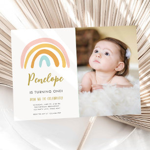 Rainbow Pastel Boho Muted Pink Girl First Birthday Invitation