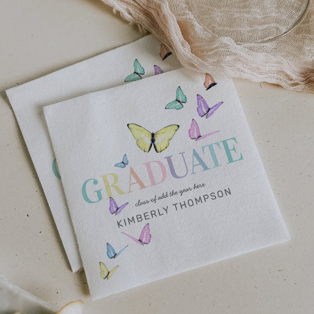 Rainbow Pastel Butterflies Graduation Party Napkin (Creator Uploaded)