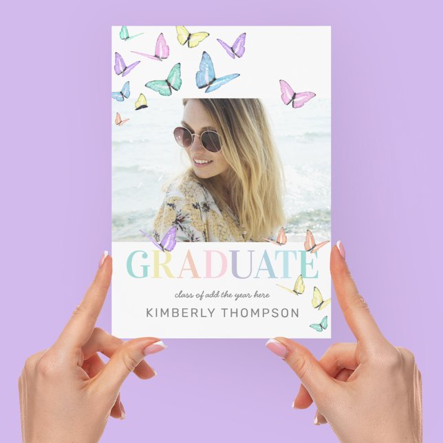 Rainbow Pastel Butterflies Photo Graduation Party Invitation (Creator Uploaded)