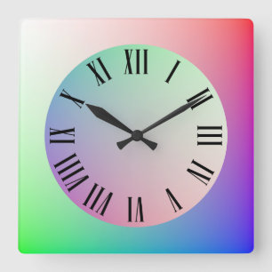 Rainbow Pastel Colors, Roman Numeral Hour Markers Square Wall Clock