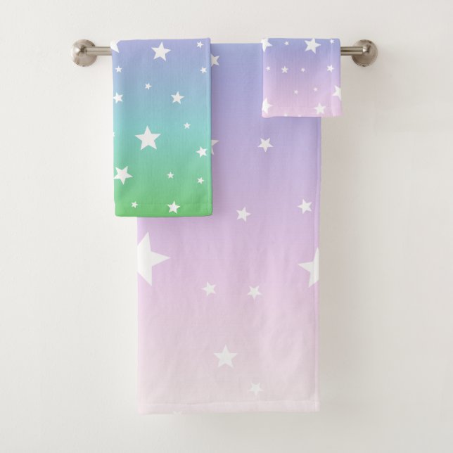 Rainbow Pastel Colours Galaxy Stars Cute Ombre Bath Towel Set (Insitu)