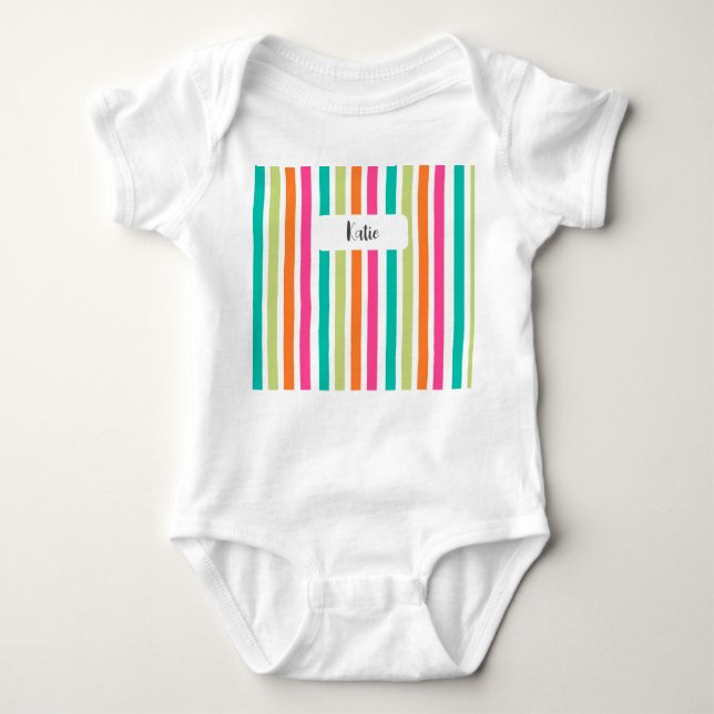 Rainbow pastel colours retro vertical stripes baby bodysuit (Front)
