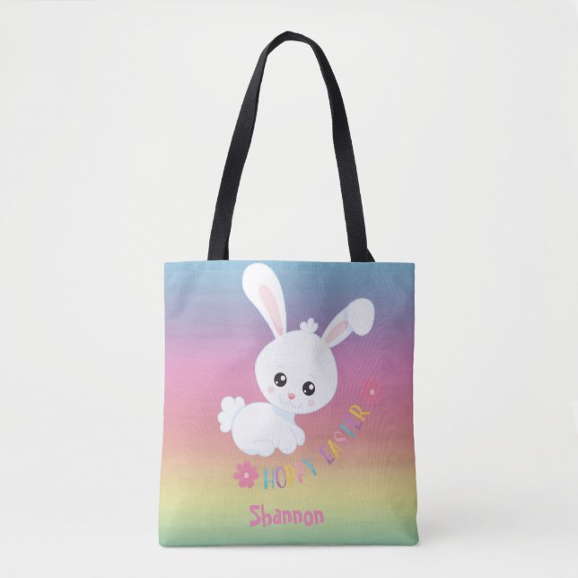 Rainbow Pastel Easter Bunny Child's Personalised Tote Bag (Front)
