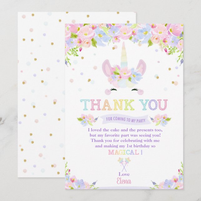 Rainbow Pastel Floral Unicorn Birthday Thank You Invitation (Front/Back)