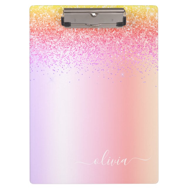 Rainbow Pastel Girly Glitter Metal Monogram Name Clipboard (Front)