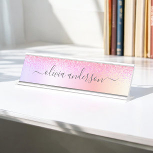 Rainbow Pastel Girly Glitter Metal Monogram Name Desk Name Plate