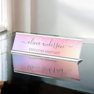 Rainbow Pastel Girly Glitter Metal Monogram Name Desk Name Plate