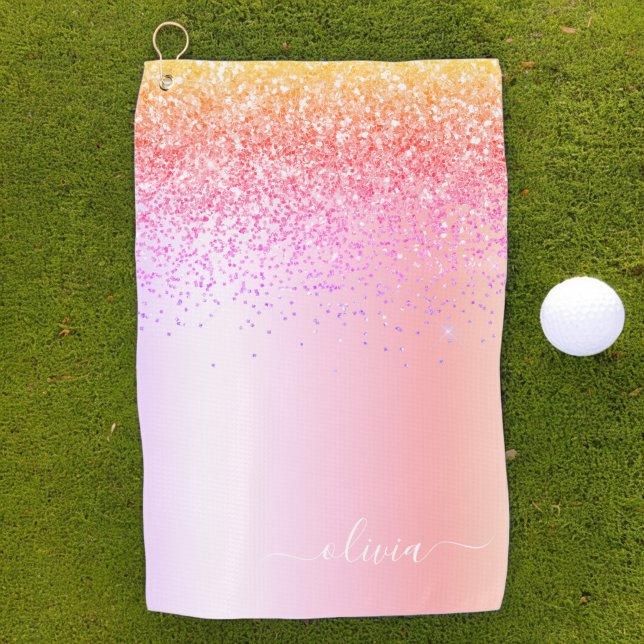 Rainbow Pastel Girly Glitter Metal Monogram Name Golf Towel (Creator Uploaded)