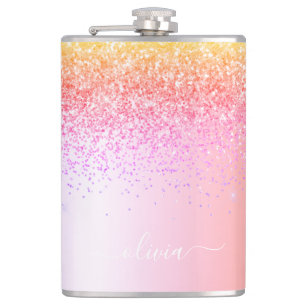 Rainbow Pastel Girly Glitter Metal Monogram Name Hip Flask