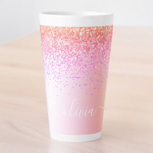 Rainbow Pastel Girly Glitter Metal Monogram Name Latte Mug